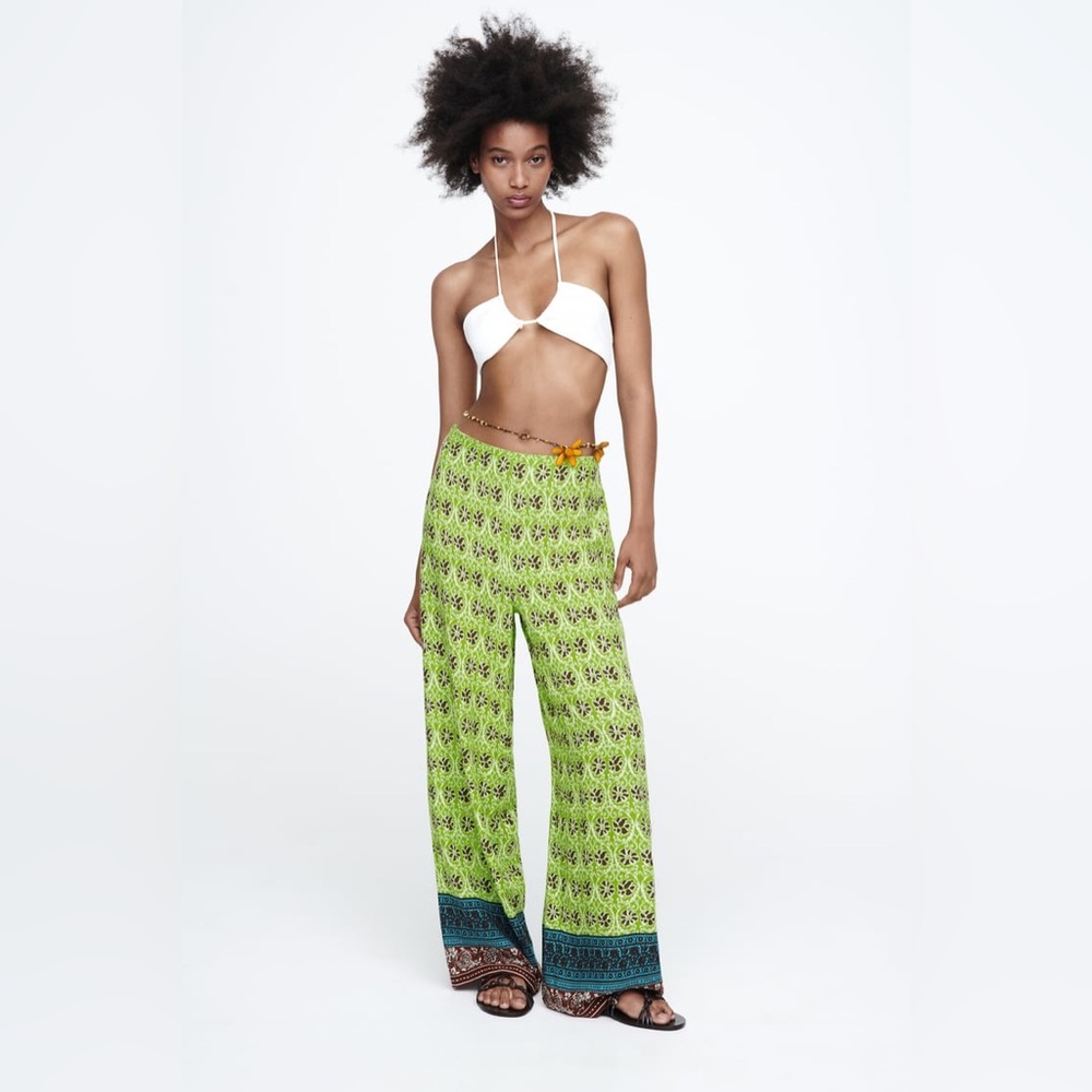 NWOT ZARA Full-Length Printed Trousers Flowy Wide Leg Viscose LARGE 7484/159